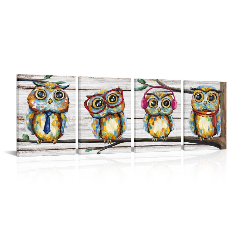 Visual Art Decor 4 Pieces Happy Owl Family Canvas Prints Animal Painting Wall Decor Dad Mom and Kids Canvas Prints Wall Art Decor for Modern Home Child Bedroom Nursery Decoration 12x16inchx4Pieces - Image 1